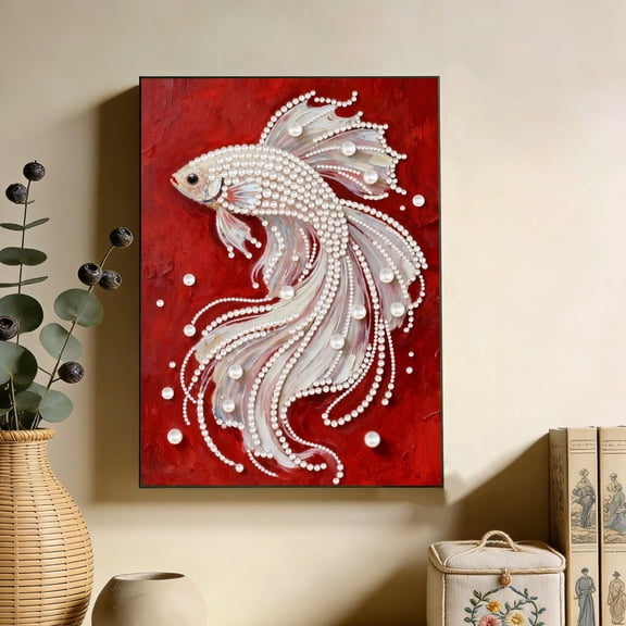 FLOPESN Koi DIY Pearl Painting Kit - 9.84x13.78 Inch Complete Craft Set with Pre-printed Canvas & Tools, Stress Relief Wall Art for Adults, Home Decor Gift