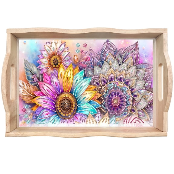 FLOPESN Mandala Diamond Art Wooden Tray, Rectangular Partial Diamond Dinner Plate, Creative Handmade Home Decor Craft Kit