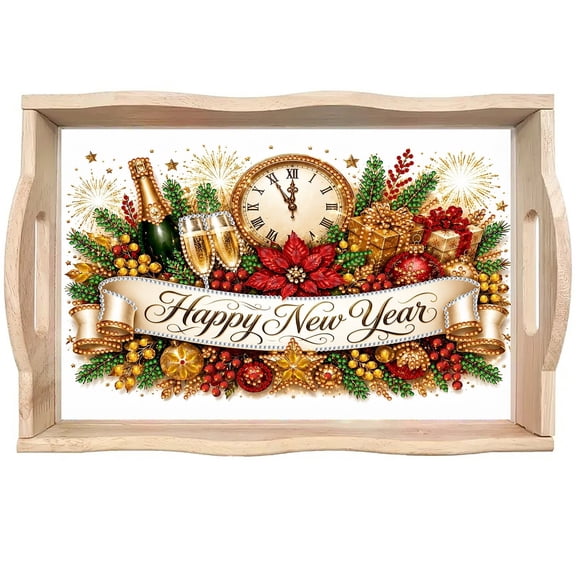 FLOPESN New Year Diamond Art Wooden Tray, Rectangular Handmade Dinner Plate, DIY Home Decor Craft Kit Custom