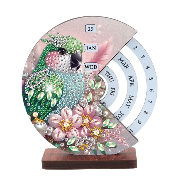 FLOPESN Permanent Calendar DIY Diamond Art Painting Kits Ornaments, Creative Design Diamond Art Wooden Home Decor, Rotatable Desktop Calendar-Parrot-2