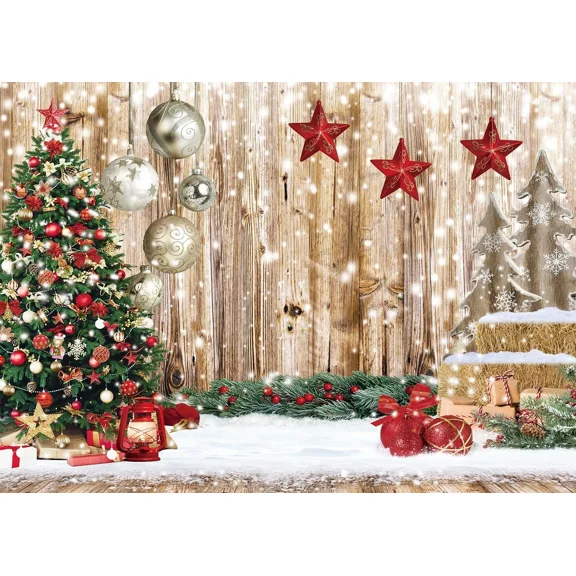 FLORA- 7X5Ft Christmas Backdrops For Photography Winter Snow Backdrop Rustic Wood Floor
