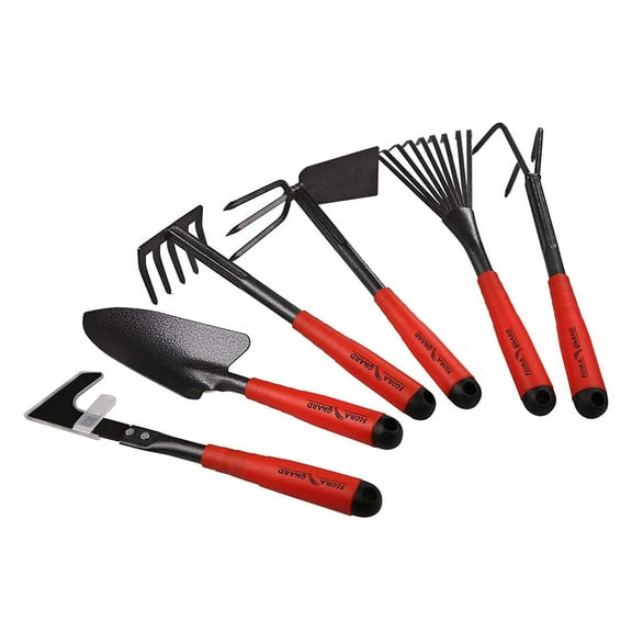 FLORA GUARD Garden Tool 6 Piece SetHeavy Duty Stainless Steel Gardening Hand Tools Set perfect for all gardens and indoor plants.Red and Black