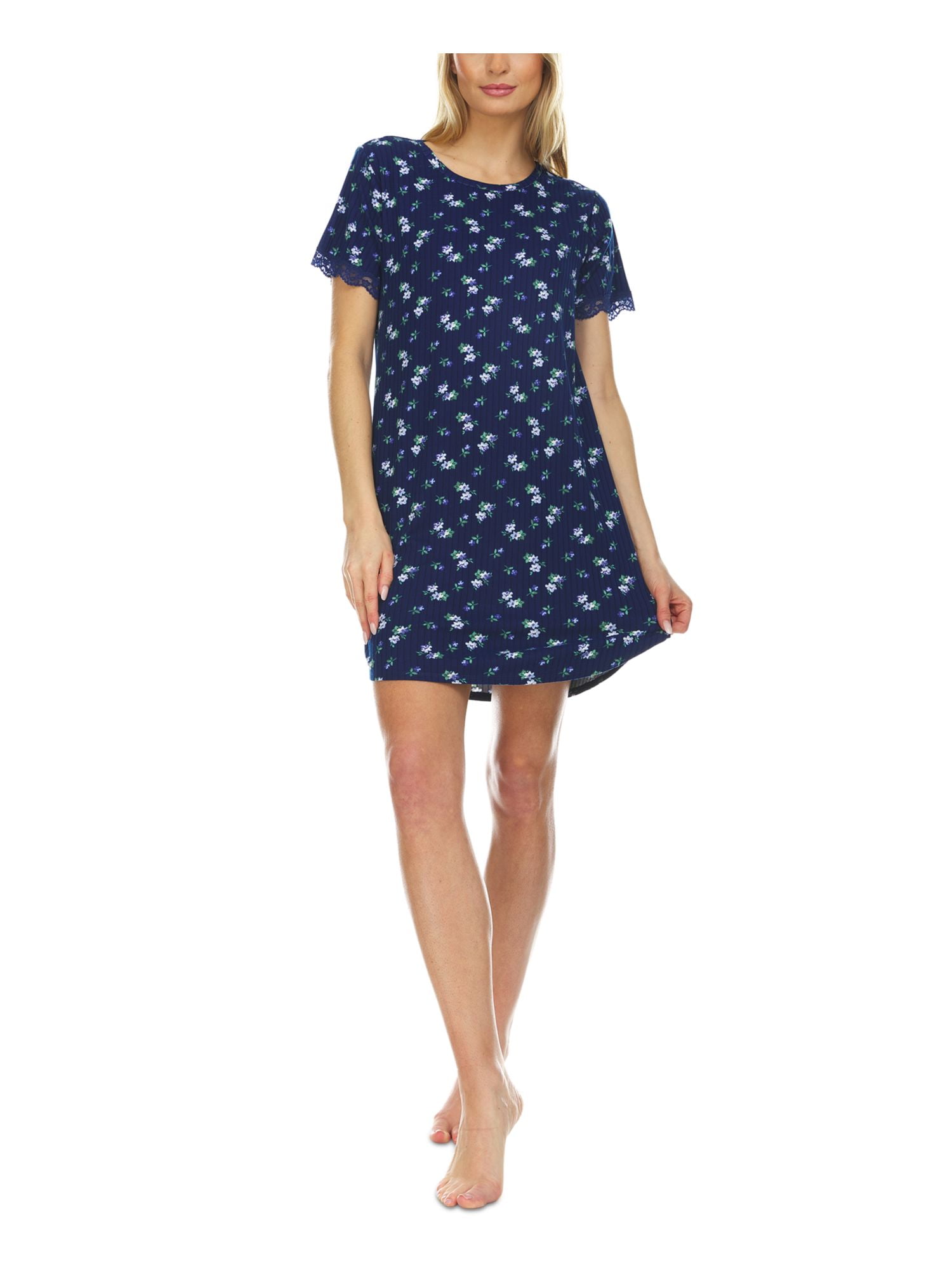 FLORA Intimates Blue Lace Trim Floral Nightgown Juniors L - Walmart.com