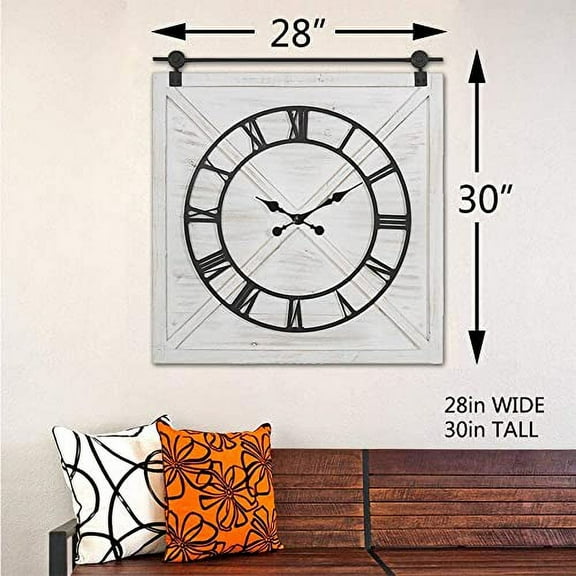 FLORA Large Farmhouse Wall Clock,Rustic Barn Door Wall Clocks for Living Room Decor, Battery Operated 29.5" H x 27" W, Whitewash