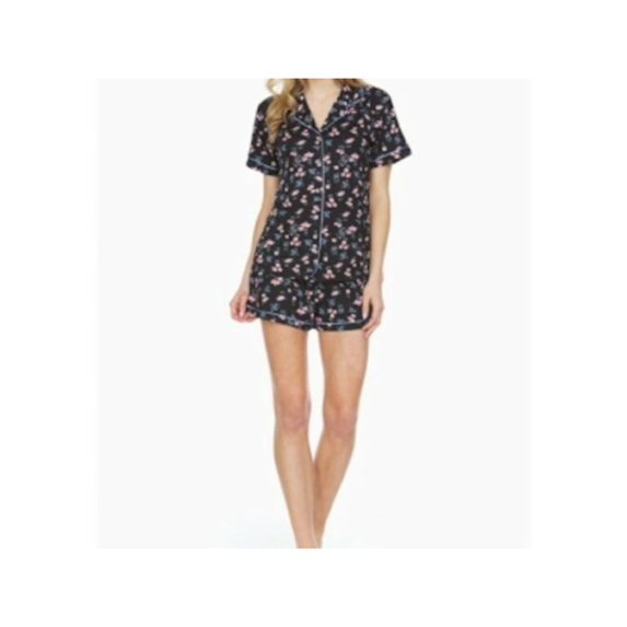 FLORA Sets Black Patterned Short Sleeve V Neck Button Up Lounge Shorts Sleepwear Size M