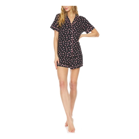 FLORA Sets Black Pocketed Floral Short Sleeve V Neck Button Up Sleepwear Size M