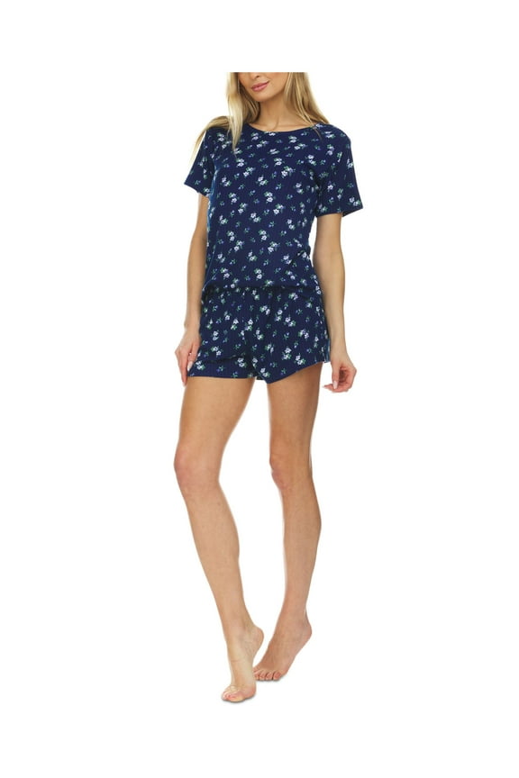 Sets Navy Knit Ribbed Floral Short Sleeve Round Neck T-Shirt Everyday  Size L