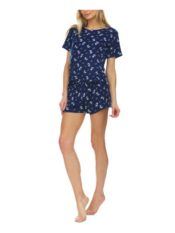 Sets Navy Knit Ribbed Floral Short Sleeve Round Neck T-Shirt Everyday Size XL