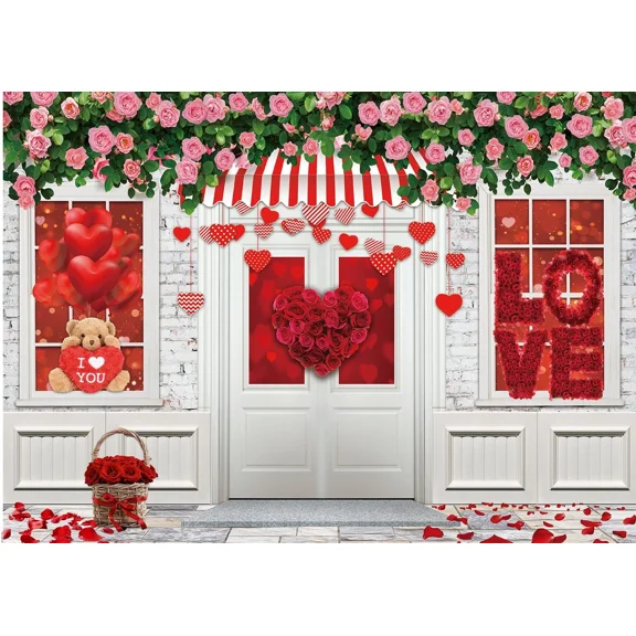 FLORA- Valentine'S Day Backdrop 7X5Ft Pink Rose Flower Brick Wall Background