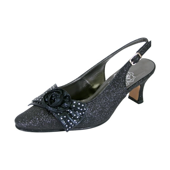FLORAL Alaina Women's Wide Width Crystal Rose Bow Glitter Fabric Upper Slingback BLACK 12