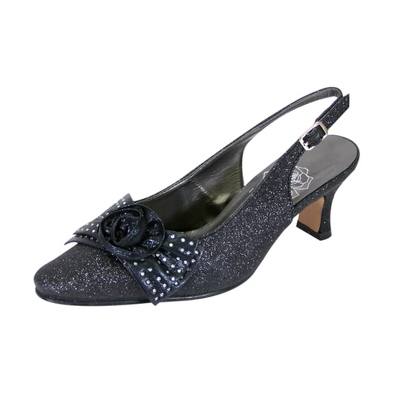 FLORAL Alaina Women's Wide Width Crystal Rose Bow Glitter Fabric Upper Slingback BLACK 7