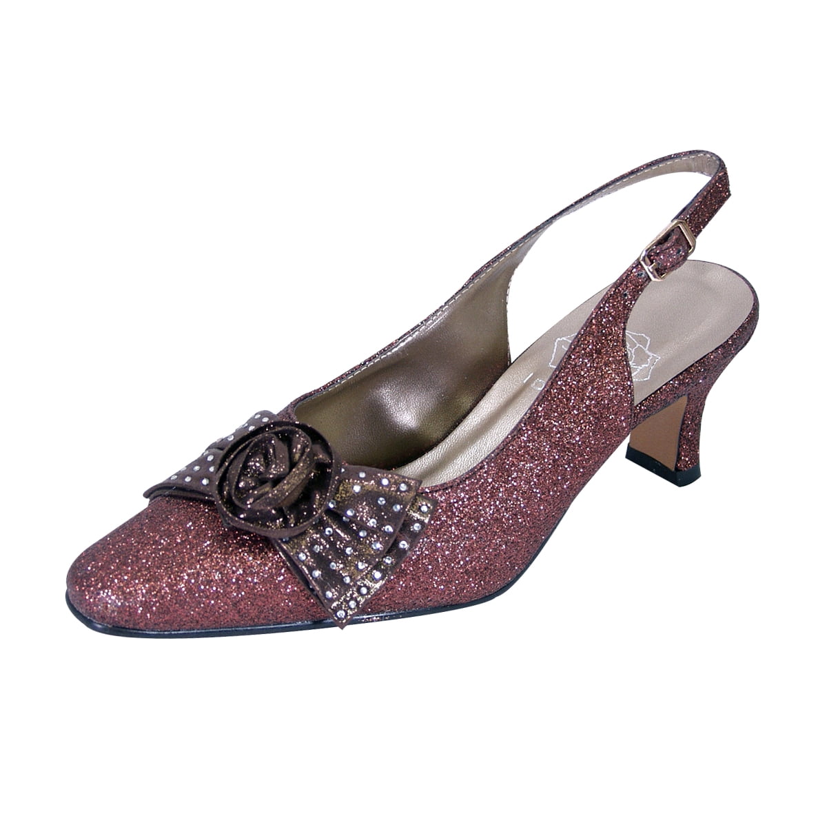 FLORAL Alaina Women's Wide Width Crystal Rose Bow Glitter Fabric Upper Slingback BRONZE 6.5