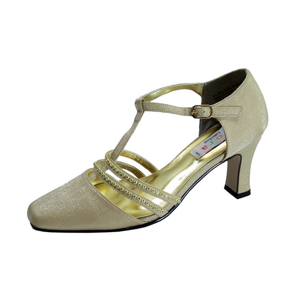 FLORAL Amina Women's Wide Width T-Strap Pumps With Rhinestones GOLD 10