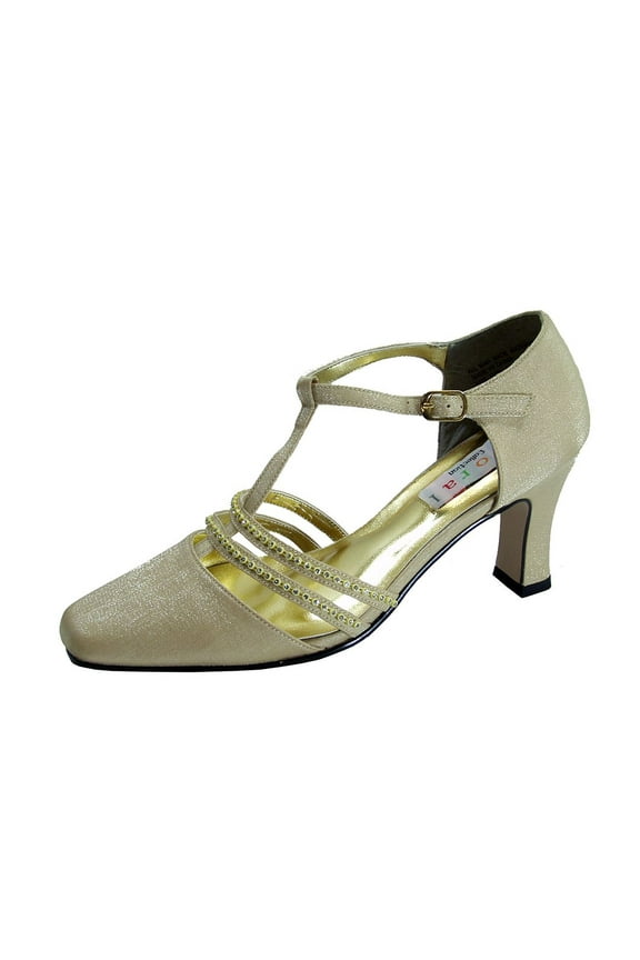 Amina Women's Wide Width T-Strap Pumps With Rhinestones GOLD 7.5