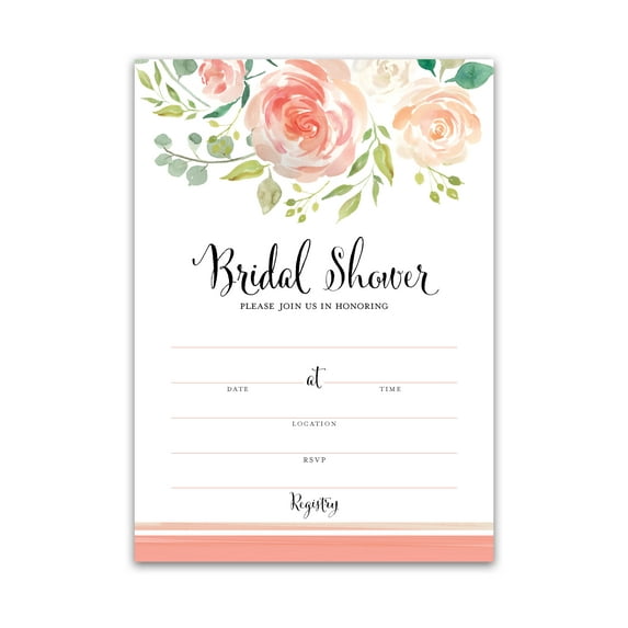 FLORAL BRIDAL SHOWER INVITATIONS — Pack of 25 — Garden Bridal Shower Blank Fill-in INVITES, Champagne Coral Design Invites, Flowers, Chic, Unique, Garden Bridal Shower Invitations I612-INV1