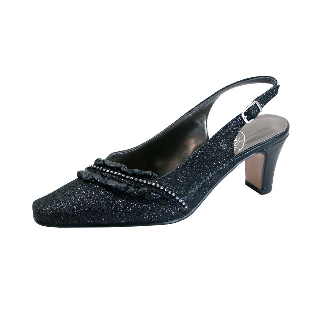 FLORAL Bloom Women Wide Width Falbala Trim With Rhinestone Slingback Shoes BLACK 5.5