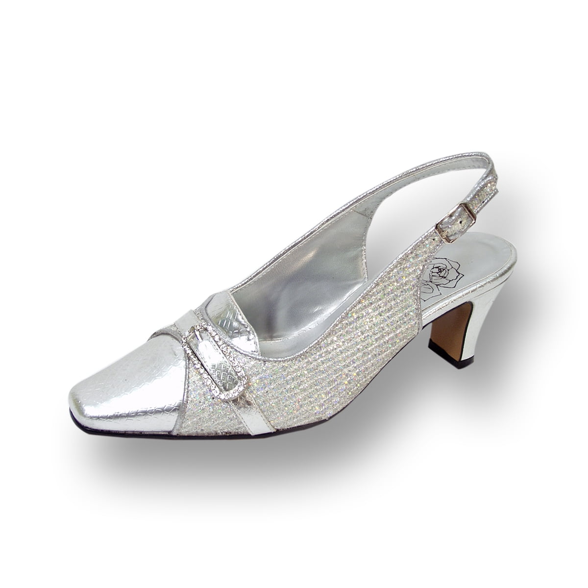 FLORAL Elena Women's Wide Width Rhinestone Jewel Buckle Closed Toe Slingback SILVER 6