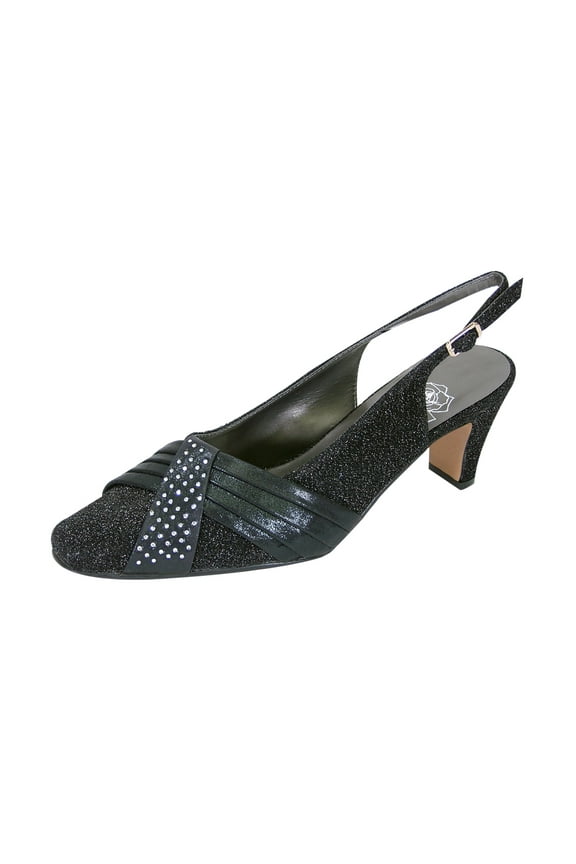 Layla Women's Wide Width Glittery Slingback with Pleated Front Crystals BLACK 8
