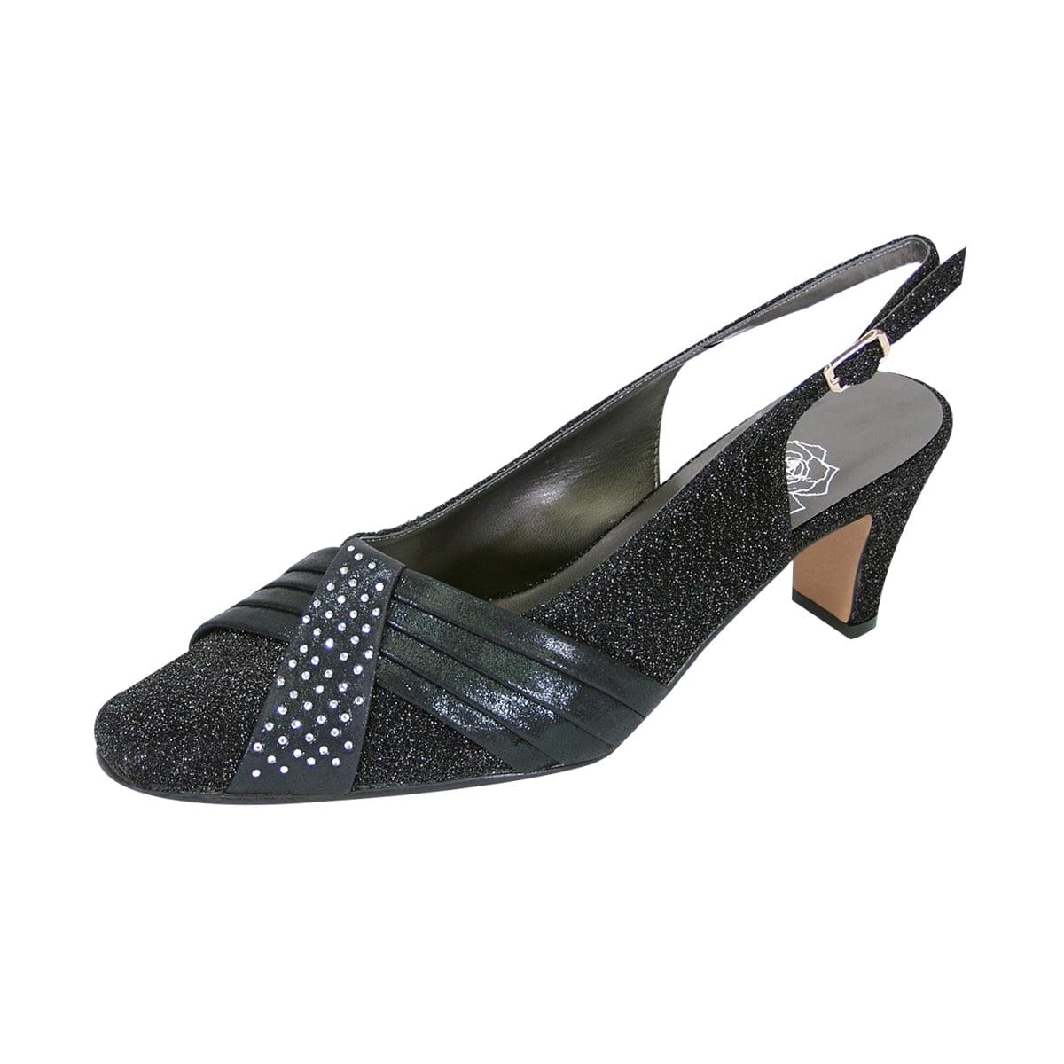 FLORAL Layla Women's Wide Width Glittery Slingback with Pleated Front Crystals BLACK 9.5