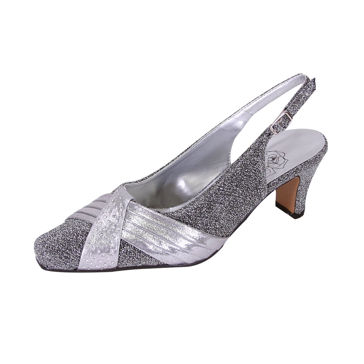 FLORAL Layla Women's Wide Width Glittery Slingback with Pleated Front Crystals SILVER 10