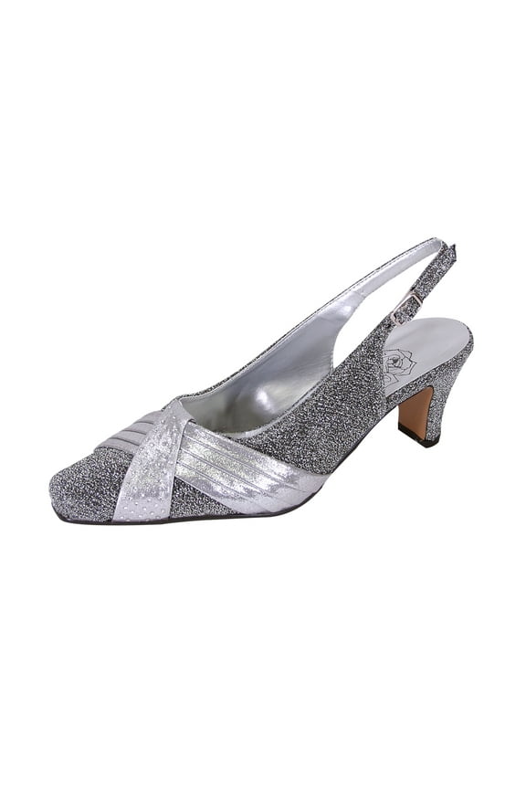 Layla Women's Wide Width Glittery Slingback with Pleated Front Crystals SILVER 9