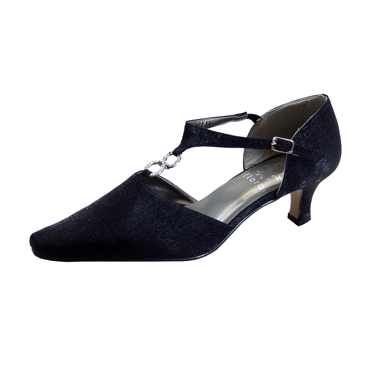 FLORAL Maribel Women's Wide Width Rhinestone Accent T-Strap Heels (BLACK) 8