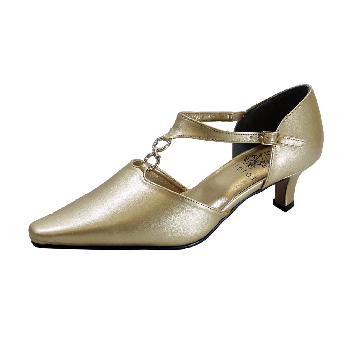 FLORAL Maribel Women's Wide Width Rhinestone Accent T-Strap Heels (GOLD) 6