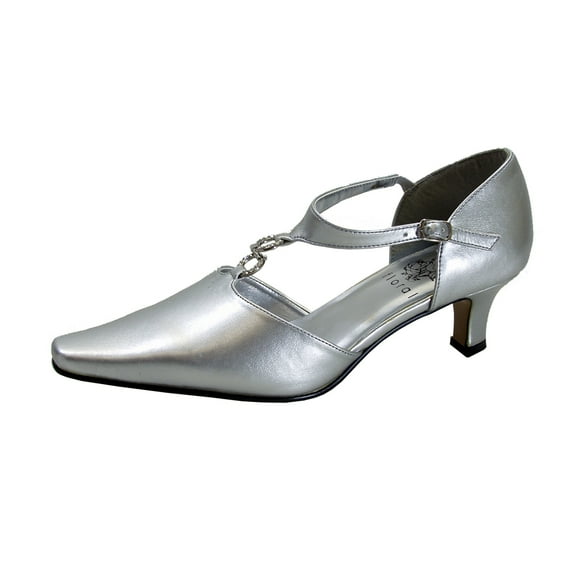 FLORAL Maribel Women's Wide Width Rhinestone Accent T-Strap Heels (SILVER) 7