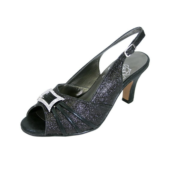 FLORAL Nadine Women's Wide Width Peep Toe Dress Slingback with Jewels BLACK 6.5