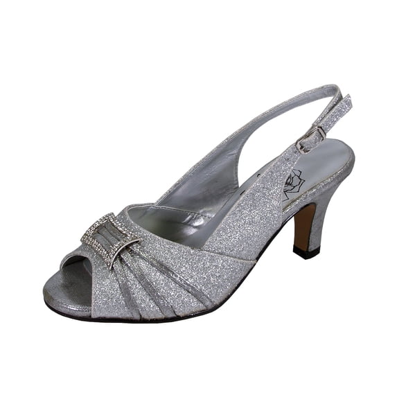 FLORAL Nadine Women's Wide Width Peep Toe Dress Slingback with Jewels SILVER 8.5