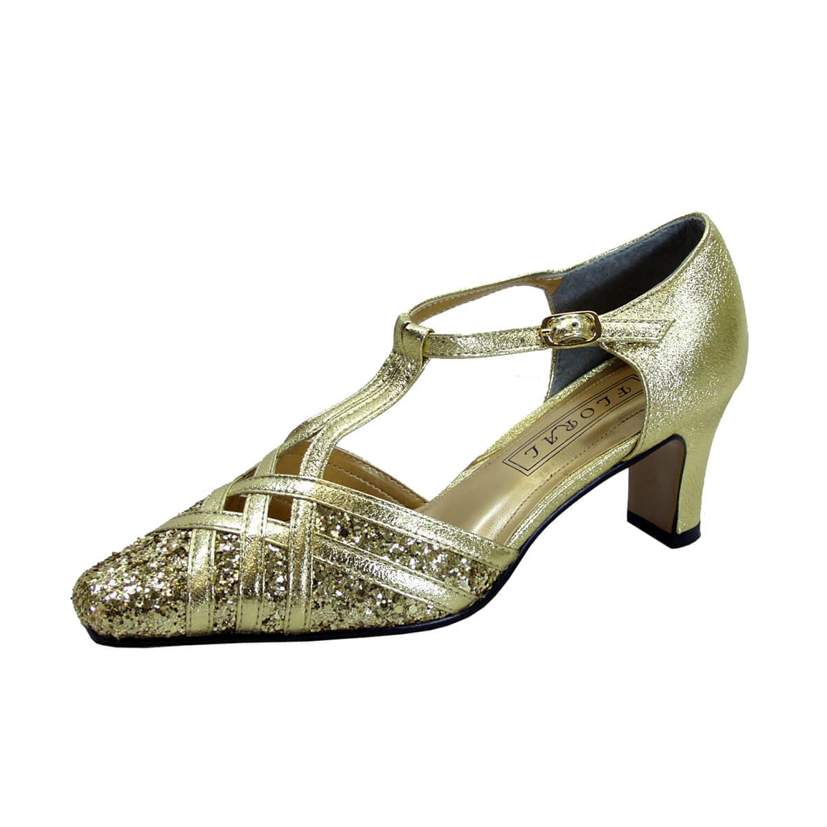 FLORAL Opal Women's Wide Width T-Strap Dress Pumps GOLD 6.5