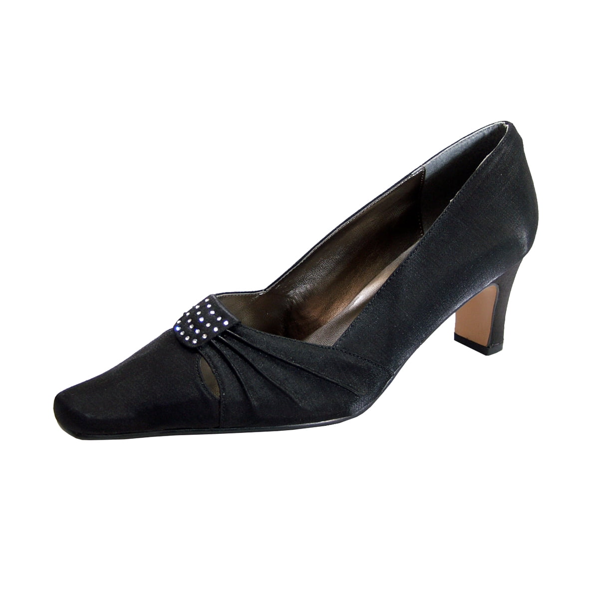 Black satin low heel evening shoes sale