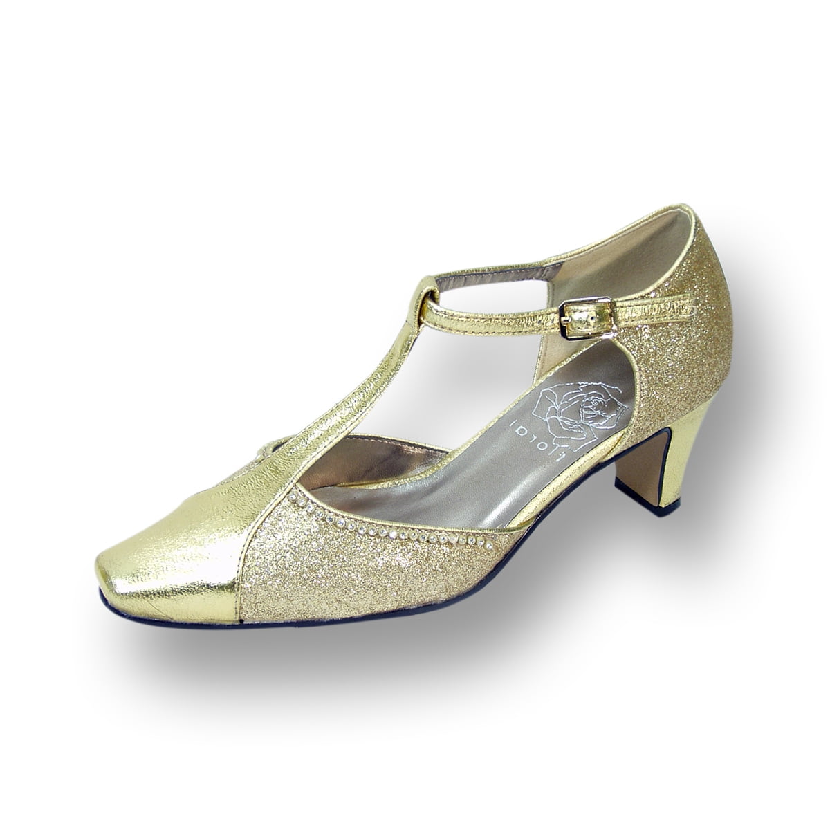 FLORAL Rosa Women's Wide Width T-Strap Dress Pump GOLD 8.5
