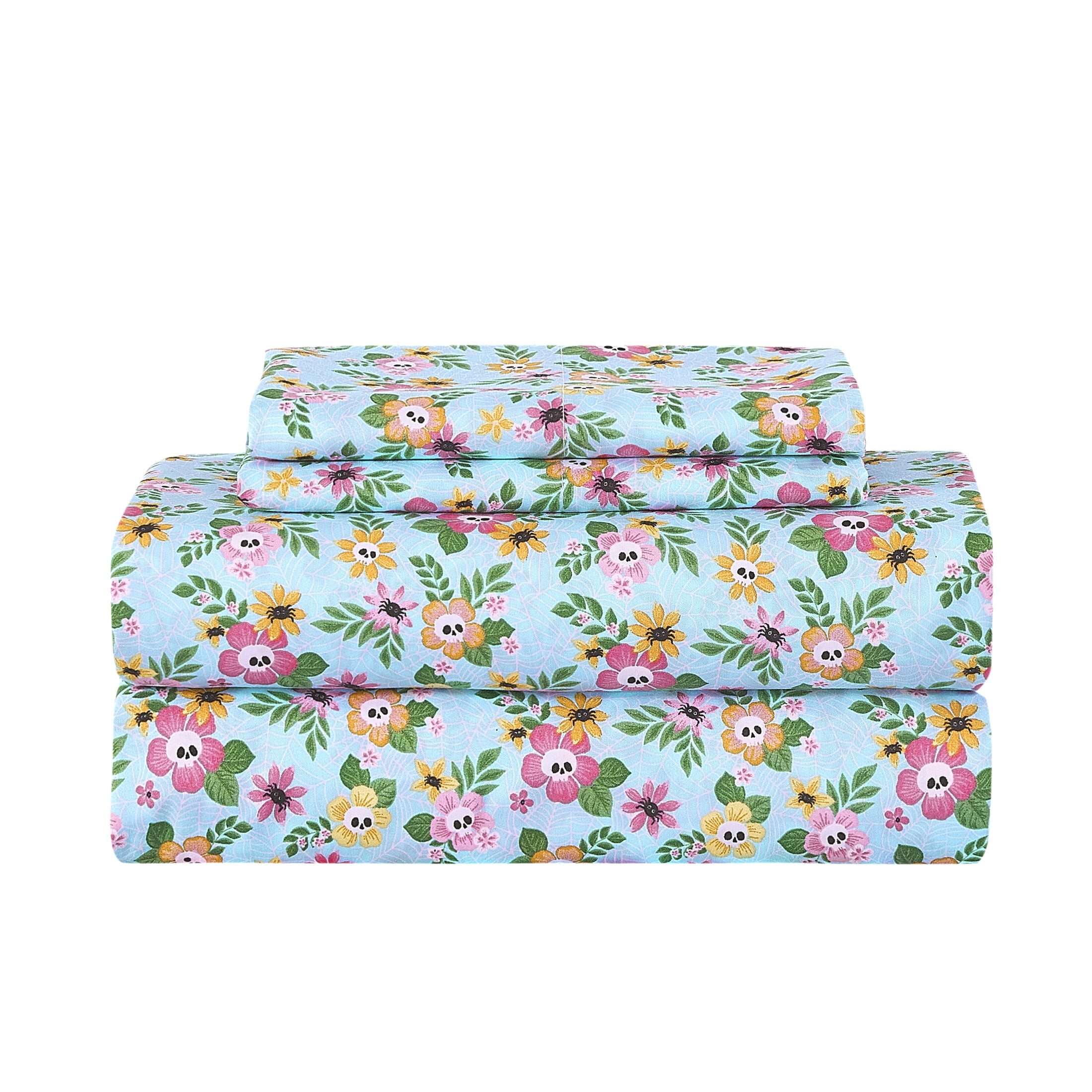 Summerween Soft Microfiber Sheet Set, Floral Skulls, Queen