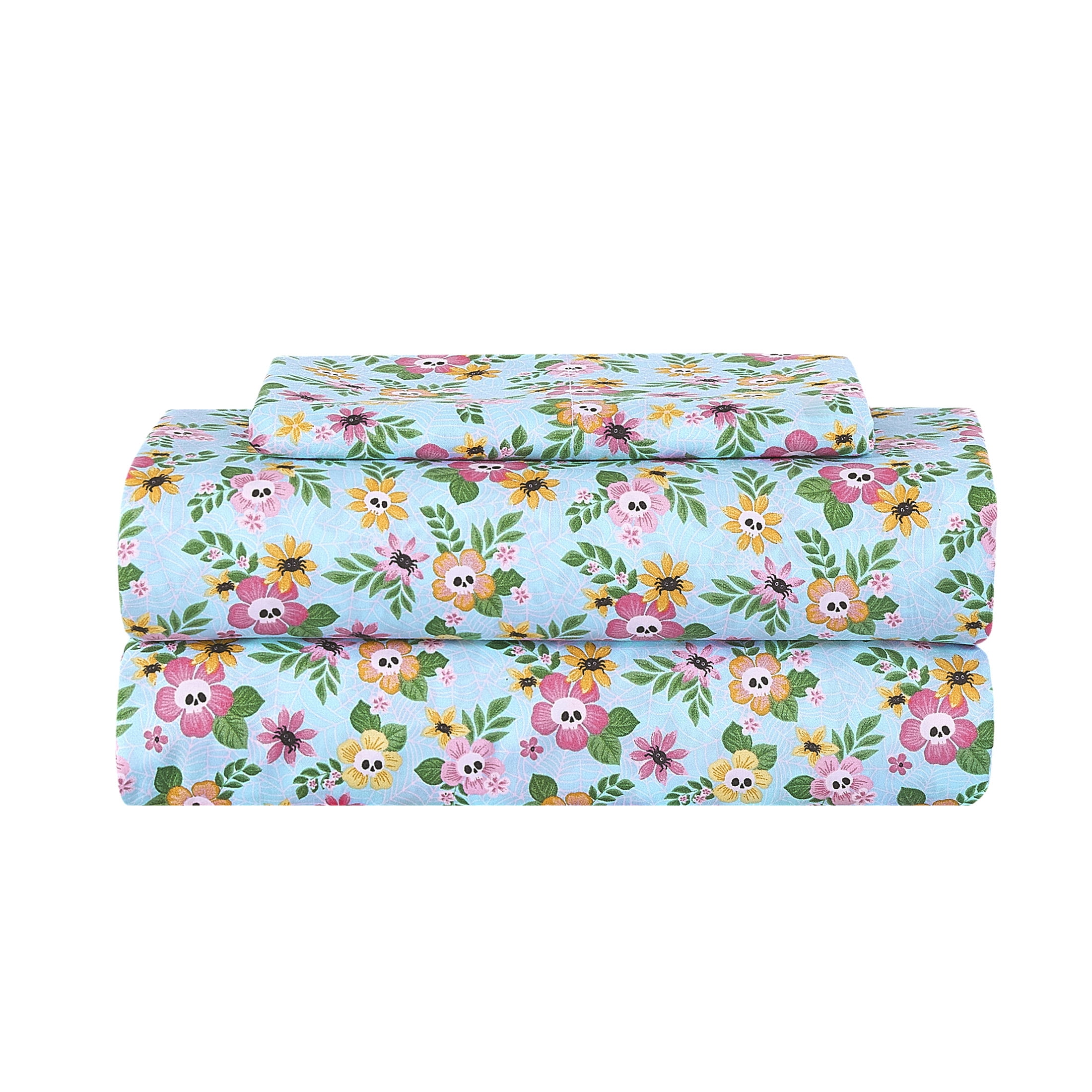 Summerween Soft Microfiber Sheet Set, Floral Skulls, Twin-XL
