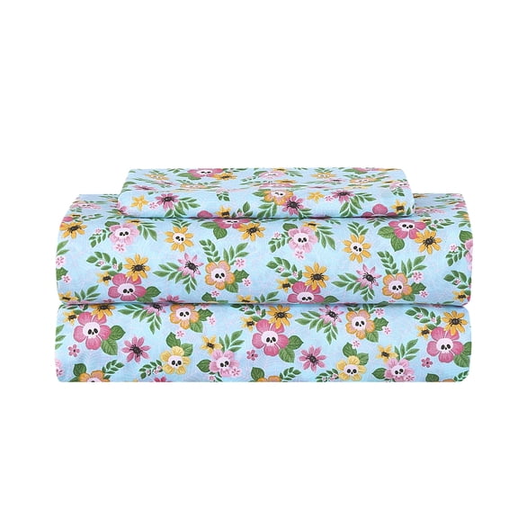 Summerween Soft Microfiber Sheet Set, Floral Skulls, Twin-XL