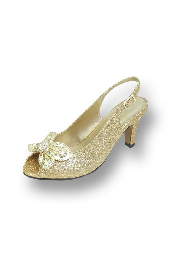 Staci Women's Wide Width Peep Toe Glitter Bow with Jewel Slingback Pump GOLD 10