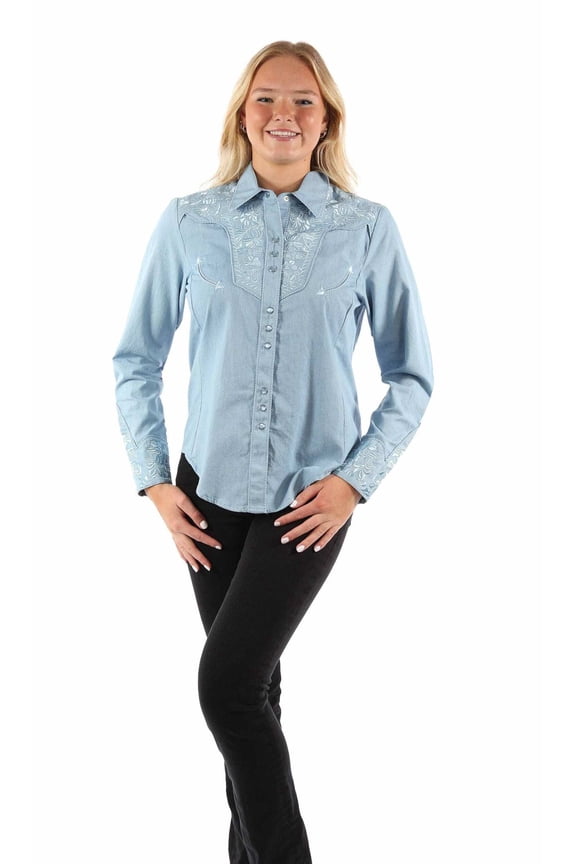 Scully PL-654-LBL-L Womens Floral Tooled Embroidered Blouse, Light Blue - Large