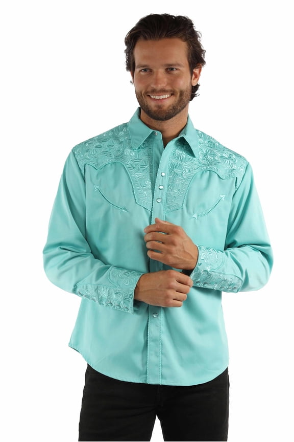 Scully P-634-CRB-M Mens Floral Tooled Embroidery Shirt, Caribbean - Medium