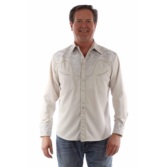 Scully Mens Floral Tooled Embroidery Light Grey Poly/Rayon L/S Shirt XL