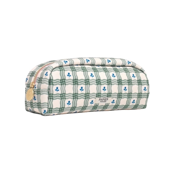 Papier To Go Floral Check, Zip Around Pencil Case, Green