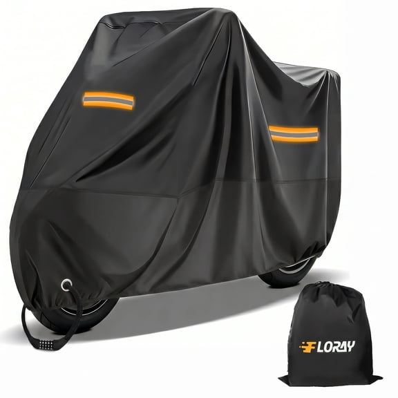 FLORAY Lightweight All-Season Motorcycle Cover, Waterproof Outdoor Protection with Reflective Strips and Windproof Buckles, 2XL, Black