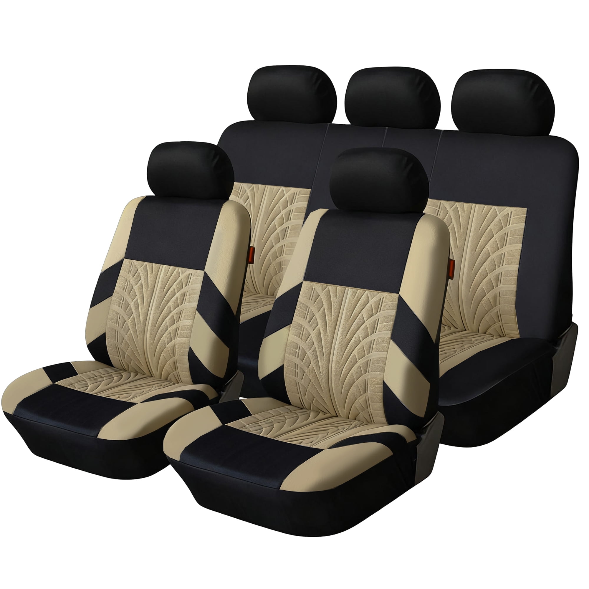 FLORAY 9-Piece Car Seat Covers Full Set - Airbag Safe, Thickened Quilted Cloth, Machine Washable - Universal Fit for Cars, SUVs & Trucks (Solid Rear Bench), Beige