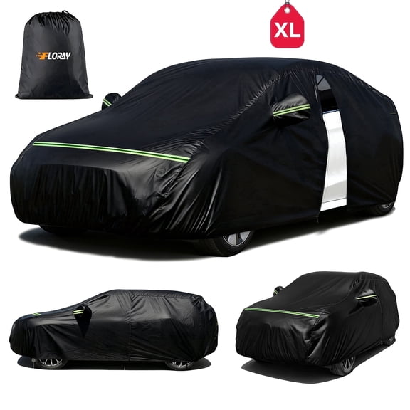 FLORAY Waterproof All-Weather Car Cover with Zipper Door, Heavy-Duty Windproof Vehicle Cover for Sedan & SUV, UV & Snow Protection, Black (XL, 210" x 59" x 47")