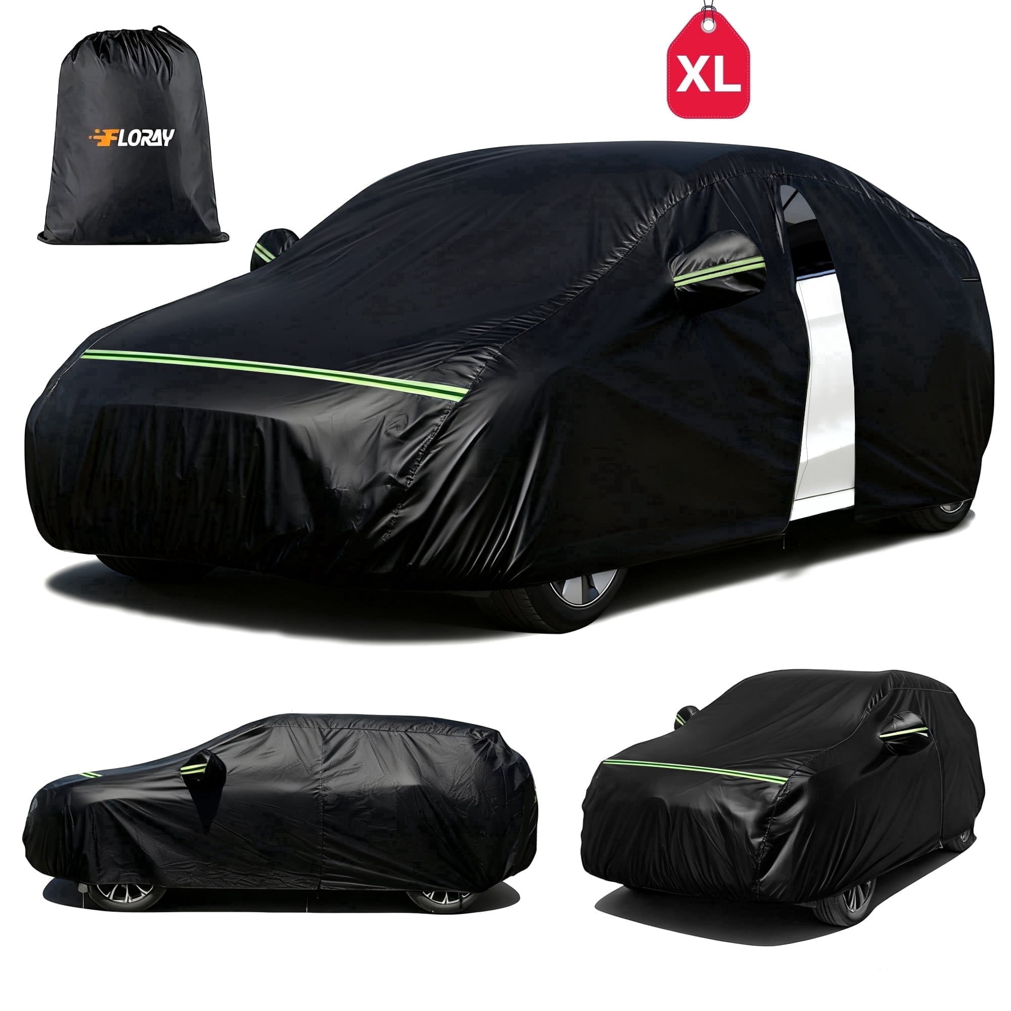 FLORAY Waterproof All-Weather Car Cover with Zipper Door, Heavy-Duty Windproof Vehicle Cover for Sedan & SUV, UV & Snow Protection, Black (XL, 210" x 59" x 47")