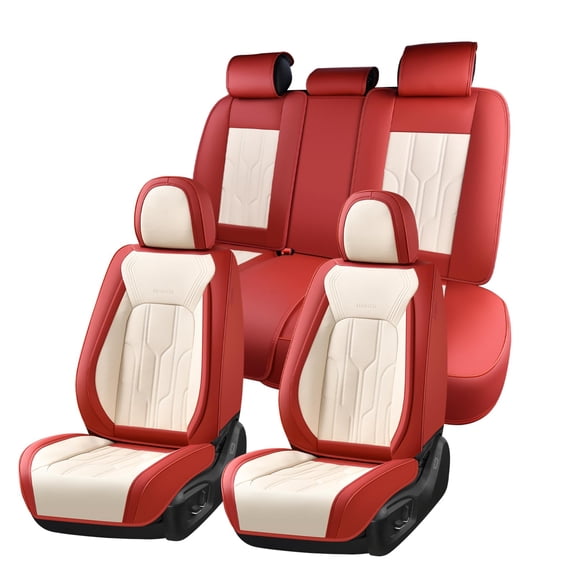 FLORCIH Cars Seat Covers Full Set, Faux Leather Front and Back Seats Waterproof Cushion Protector, Universal Fit for Most Cars Pickups SUV Breathable and Comfortable, Red & Beige