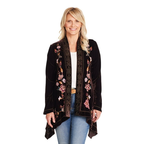 FLORIANA Womens Embroidered Kimono Cardigan Brown Velvet Blazer Open Front Top - 2X
