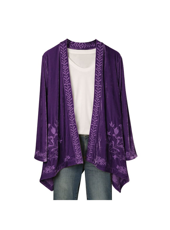 FLORIANA Womens Embroidered Kimono Cardigan Velvet Blazer Open Front - Purple, Medium