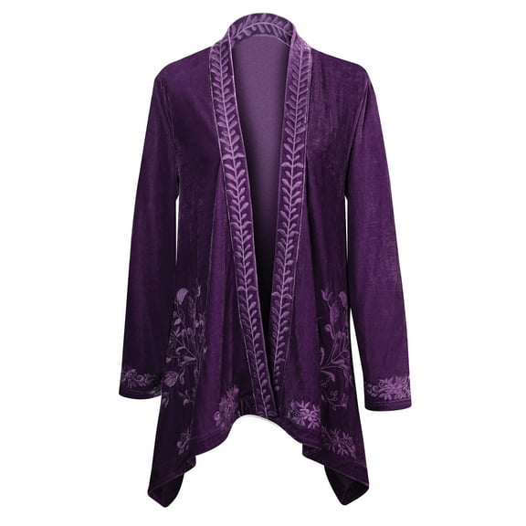 FLORIANA Womens Embroidered Kimono Cardigan Velvet Blazer Open Front Kimono Top - Purple, Medium
