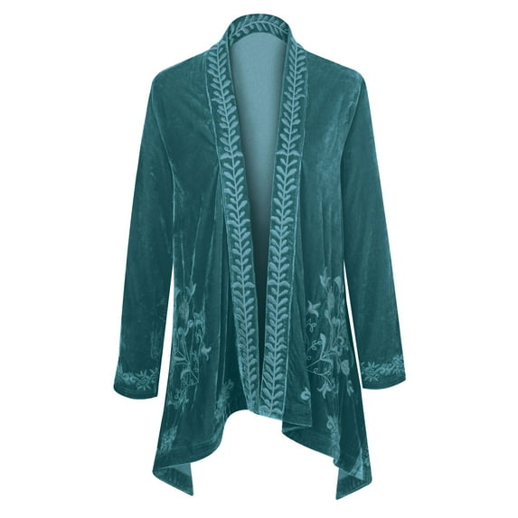 FLORIANA Womens Embroidered Kimono Cardigan Velvet Blazer Open Front - Teal, 3X